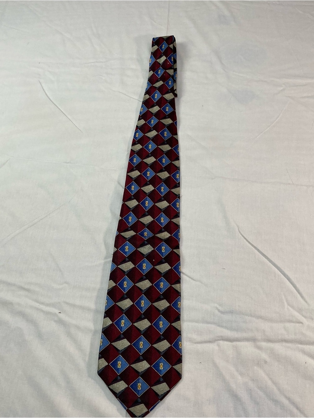 Robert Talbott Burgundy Silk Tie with Blue and Gray Geometric Motif
